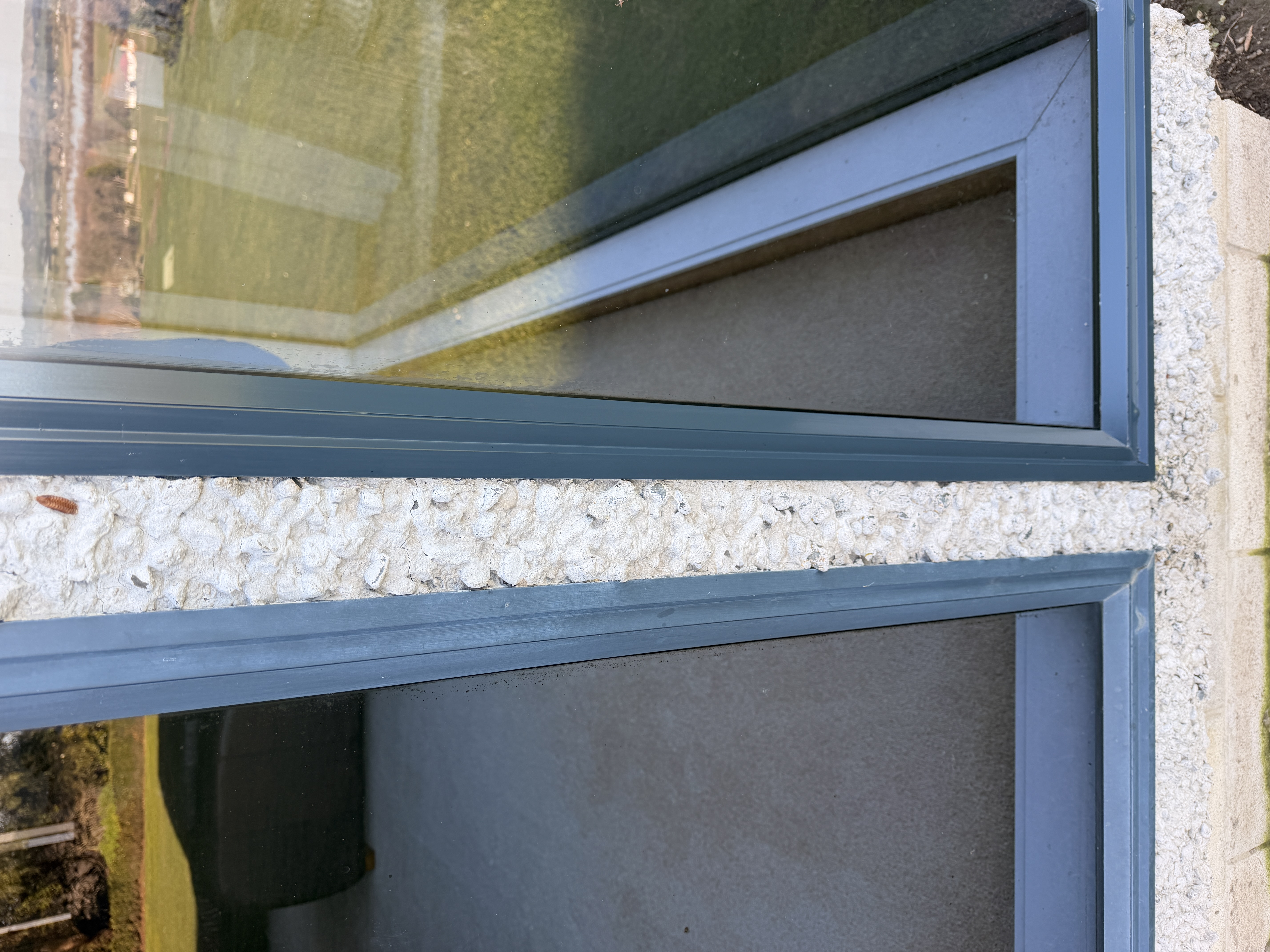 Window frame — left side before treatment, right side after